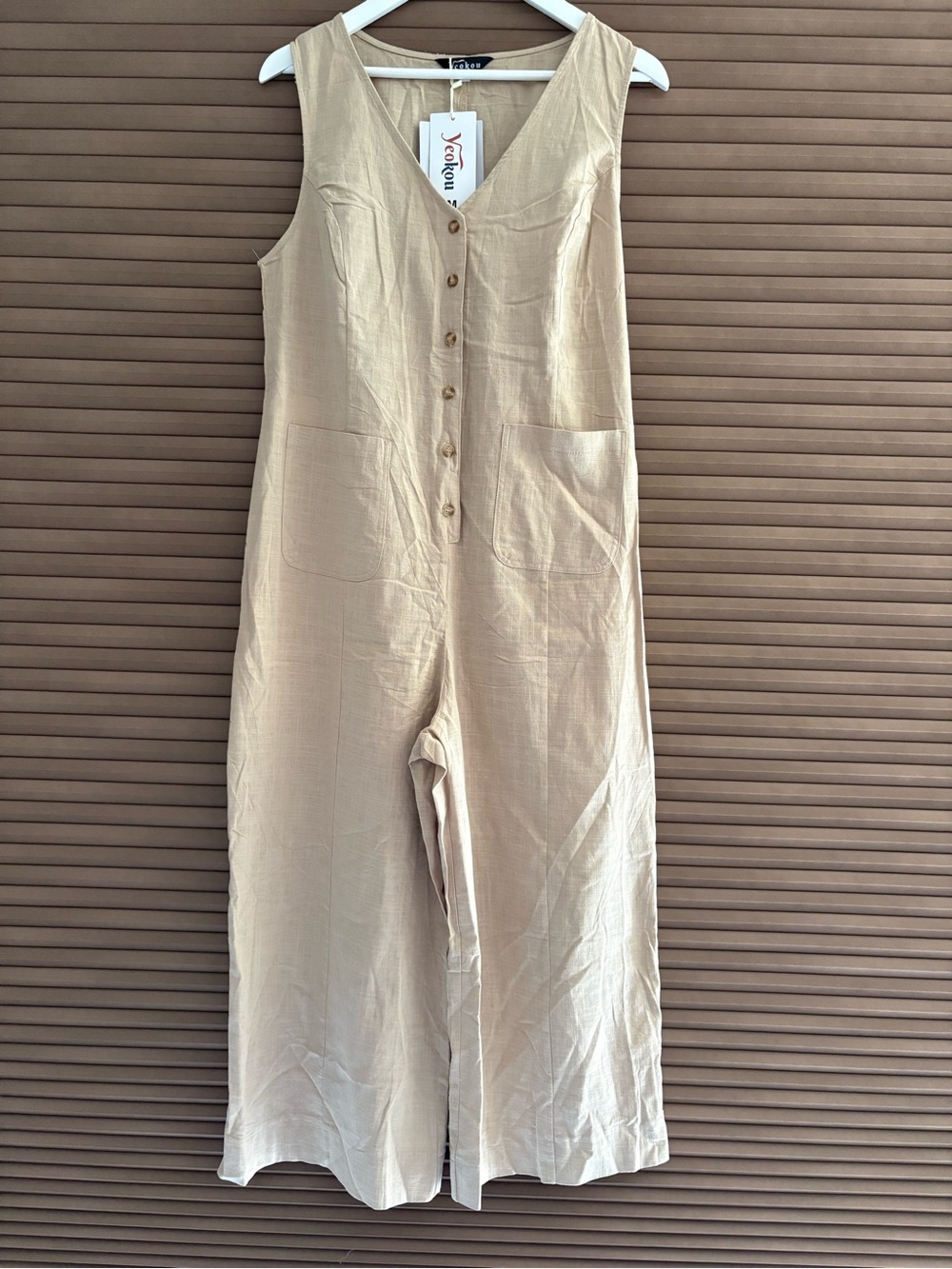Sleeveless Button-Front Beige Jumpsuit with Patch Pockets